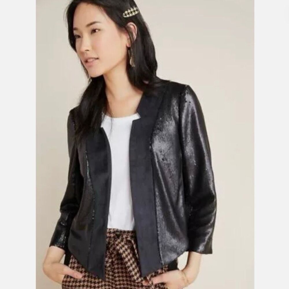 ANTHROPOLOGIE | Shonda Black Sequined Jacket Blazer Faux Suede | XS